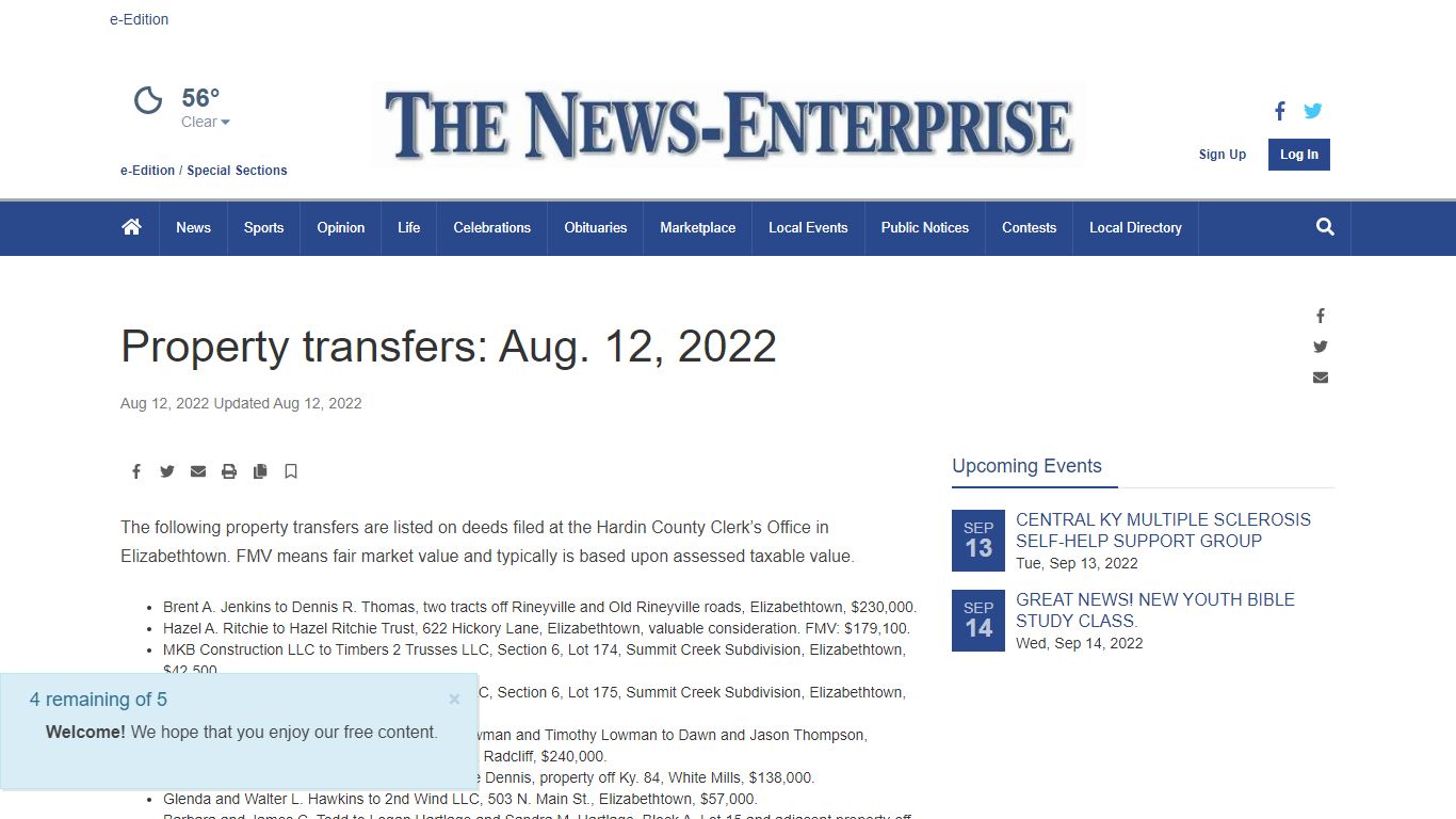 Property transfers: Aug. 12, 2022 | Public Records | thenewsenterprise.com